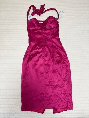 Marciano Satin Bustier Halter Midi Dress in Fuchsia